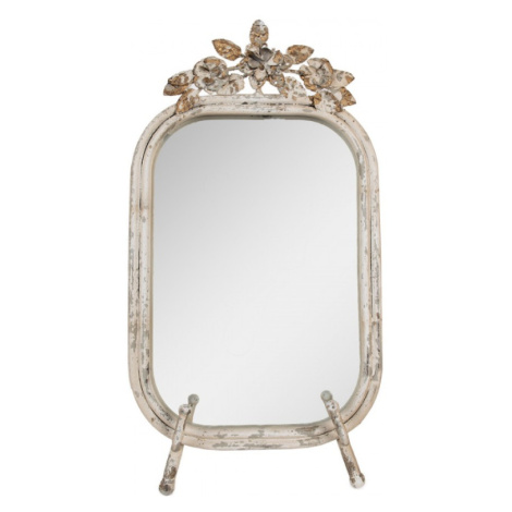 Béžové oválné kovové stolní zrcadlo s šedým odřením a okrasnými kytičkami – 25x6x48 cm Clayre & Eef