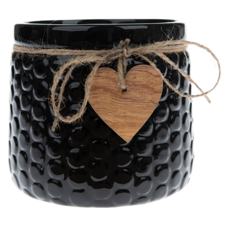 Keramický obal na květináč Wood heart černá, 12,5 x 14 cm