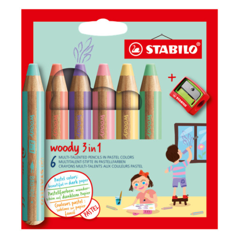 STABILO woody 3 in 1 Multifunkční pastelka - 6 pastelových barev s ořezávátkem
