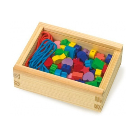 Mix barevných korálků v dřevěné krabičce Montessori