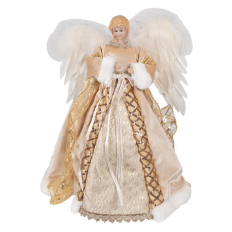 Zlatá vánoční dekorace anděl s bílými křídly a růžovými šaty s flitry – 41 cm Clayre & Eef