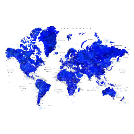 Mapa World map with labels in Spanish, cobalt blue watercolor, Blursbyai, (40 x 26.7 cm)
