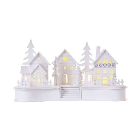 EMOS LED dekorace dřevěná bílá – vesnička, 16 cm, 2x AA, vnitřní, teplá bílá, časovač; 155000008