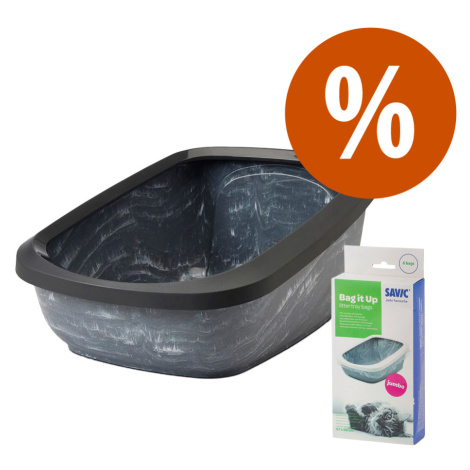 Savic kočičí toaleta Aseo Jumbo mramor - startovací sada: Toaleta šedá mramorovaná/černá + 6 Bag