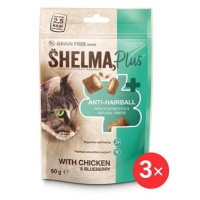 Shelma Anti-hairball bezobilné polštářky, kuře, borůvky 3 × 60 g