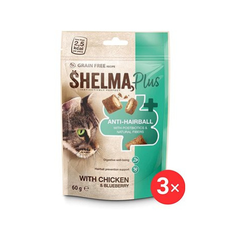 Shelma Anti-hairball bezobilné polštářky, kuře, borůvky 3 × 60 g