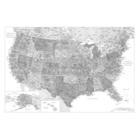 Mapa Highly detailed map of the United States in grayscale watercolor, Blursbyai, 40 × 26.7 cm