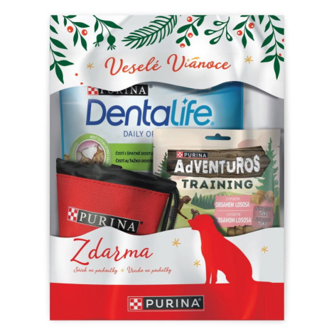 DENTALIFE Medium + Adventuros sáček na pochoutky vánoční balíček 2 × 115 g Purina