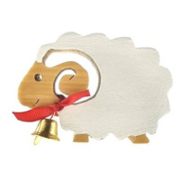 AMADEA Dřevěná dekorace ovce bílá se zvonkem 6 cm