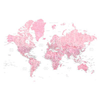 Mapa Detailed pink watercolor world map, Damla, Blursbyai, 40x26.7 cm