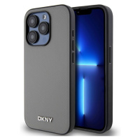 DKNY PU Leather Silver Metal Logo Magsafe kryt iPhone 15 Pro šedý