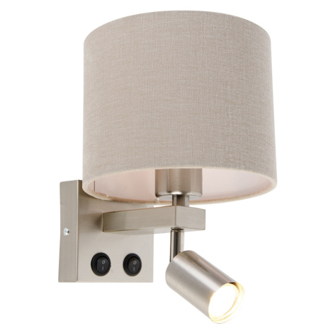 Nástěnná lampa ocelová s lampičkou na čtení a stínidlem 18 cm světle hnědá - Brescia QAZQA