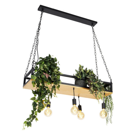 Průmyslové závěsné svítidlo černé se dřevem 5-světlo - Shelf QAZQA