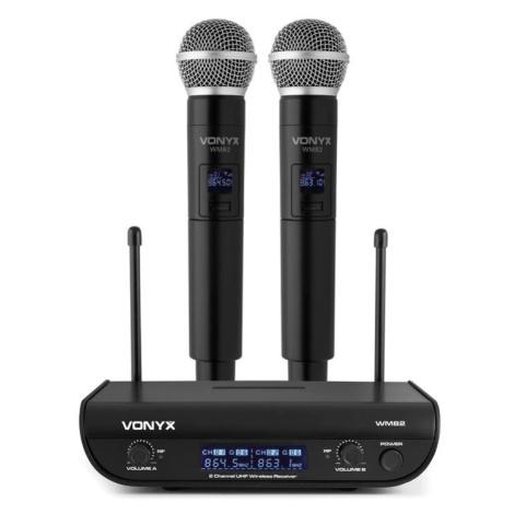 Vonyx WM82 Digital, 2kanálový systém UHF bezdrátových mikrofonů, 2 x ruční mikrofon, 50m, černý