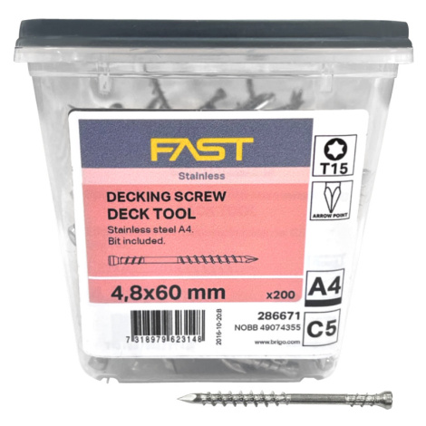 FAST Decking screw - terasové vruty Nerez A4, 4,8x60 mm, TX15, vč. prodlouženého bitu