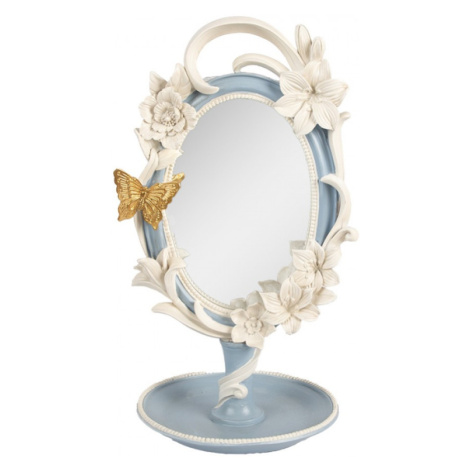 Modro-bílé stolní zrcadlo na podstavci se zlatým motýlem Daphne – 16x14x27 cm Clayre & Eef