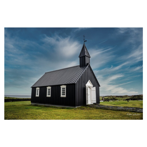 Plakát, Obraz - Black Church in Iceland, Kristvin Gudmundsson, 40 × 26.7 cm