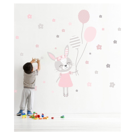 Nálepka na zeď pro holčičku růžový zajíček s balony 92 x 55 cm