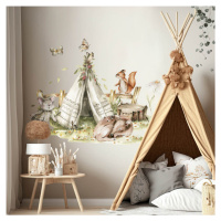 Samolepka na zeď Woodland - Teepee stan a lesní zvířátka