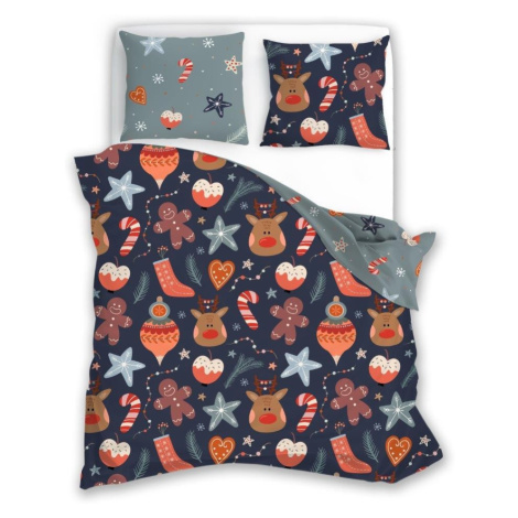 Faro Vánoční povlečení ze saténového mikrovlákna Holly Jolly 007 220x200 cm +2x 70x80 cm modré/š