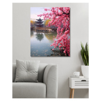 Obrazy na stěnu - Japonský chrám u růžové sakury Rozměr: 80x100 cm, Rámování: bez rámu a bez vyp