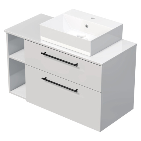 INTEDOOR Koupel.skříň+umyvadlo BEE, úchyt černý, 100cm, regál vlevo, bílá lesk