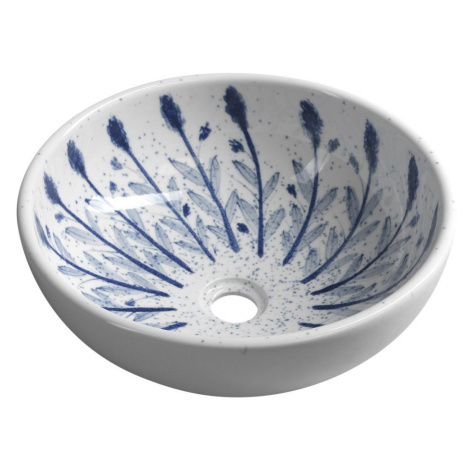SAPHO PRIORI keramické umyvadlo na desku, Ø 41 cm, bílá s modrým vzorem PI028