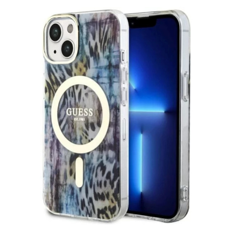 Kryt Guess iPhone 14 6.1" blue hardcase Leopard MagSafe (GUHMP14SHLEOPWB)