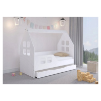 Okouzlující dětská postel se šuplíkem bílé barvy ve tvaru domečku