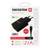 SWISSTEN SÍŤOVÝ ADAPTÉR SMART IC 2x USB 2,1A POWER + DATOVÝ KABEL USB / TYPE C 1,2 M, ČERNÁ