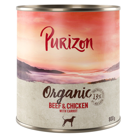 Purizon Organic výhodné balení 12 x 800 g - hovězí a kuřecí s mrkví