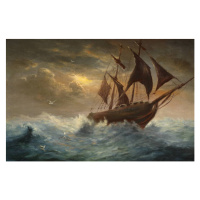 Ilustrace Silhouette a schooner, Pobytov, 40 × 26.7 cm