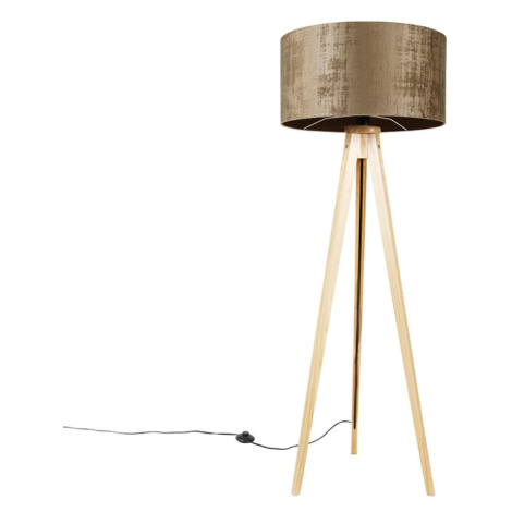 Stojací lampa dřevěná s látkovým stínidlem hnědá 50 cm - Tripod Classic QAZQA