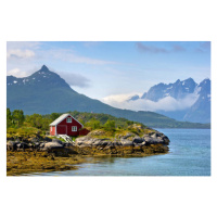 Fotografie Shoreline of Raftsund strait with red-painted, daitoZen, 40 × 26.7 cm