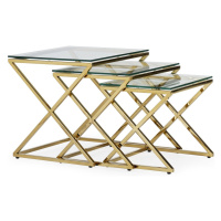 Estila Art deco set tří skleněných příručních stolků Brilia s kovovou konstrukcí lesklé zlaté ba