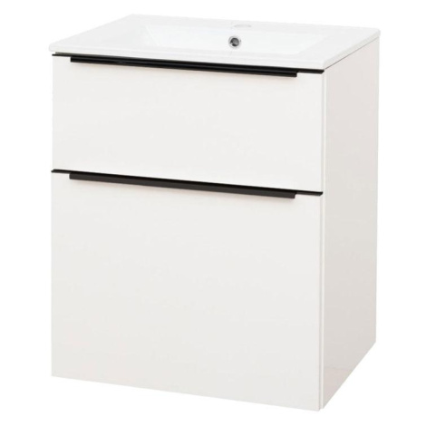 MEREO Mailo, koupelnová skříňka s keramickým umyvadlem 61 cm, bílá, mat, černé madlo CN540B