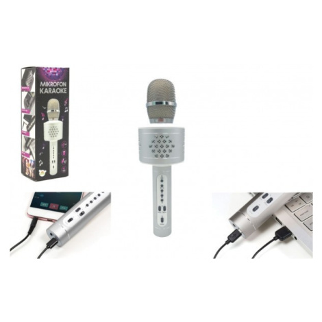 Mikrofon karaoke Bluetooth stříbrný na baterie s USB kabelem v krabici 10x28x8,5cm Teddies