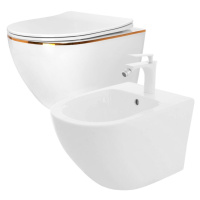 REA/S SET závěsné WC Carlo Flat Mini Gold Edge Rimless + Bidet Carlo Mini REA-C1222 + REA-C2276