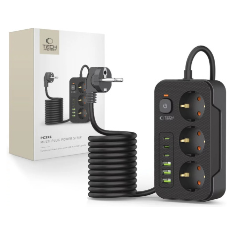 Nabíječka TECH-PROTECT PC3X6 POWER SOCKET 3 USB & 3 TYPE-C & 3 SOCKET 200CM BLACK (5906302310555