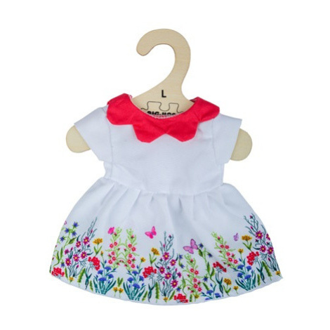 Bigjigs Toys Bílé květinové šaty s červeným límečkem pro panenku 38 cm