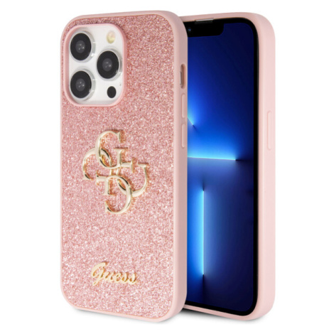 Guess PU Fixed Glitter 4G Metal Logo kryt iPhone 15 Pro růžový