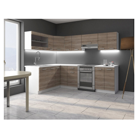 Rohová kuchyně 418/418 cm LIAN 2 - dub lanýž / bílá + LED, dřez a příborník ZDARMA