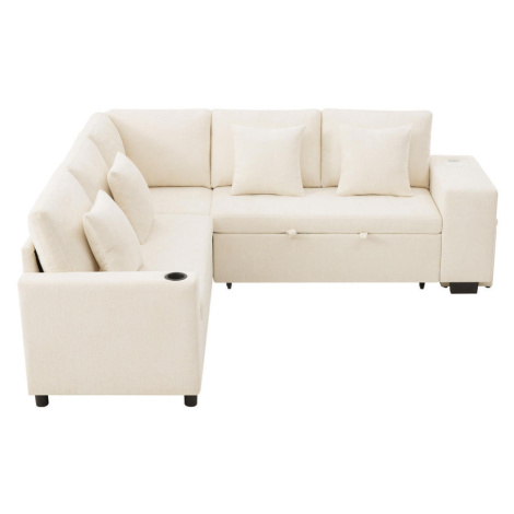 OKWISH ROHOVÁ rozkládací pohovka 220/205/86,5 cm béžová z chenille se skrytým úložným prostorem 