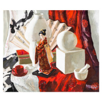 Ilustrace still life with Japanese doll, geometric shapes, VvoeVale, 40 × 34.3 cm