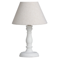 Estila Provensálská bílá noční lampa CYRENE s dřevěnou vyřezávanou podstavou a lněným stínítkem 