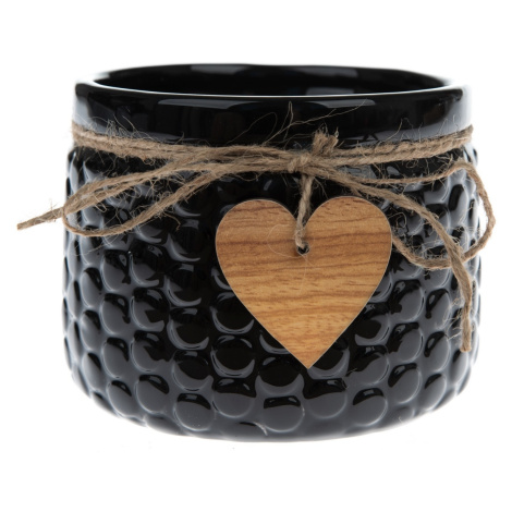 Keramický obal na květináč Wood heart černá, 8 x 11 cm
