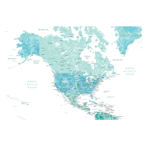 Mapa Map of North America in aquamarine watercolor, Blursbyai, 40 × 26.7 cm