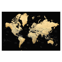 Plakát, Obraz - Blursbyai - Black and gold world map, 60x40 cm