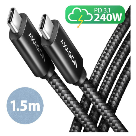 AXAGON kabel USB-C - USB-C, 240W 5A, ALU, opletený, 1,5m, černá - BUCM2-CM15AB