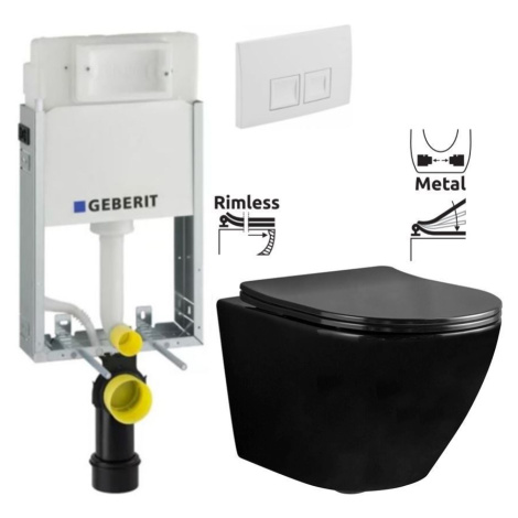 GEBERIT KOMBIFIXBasic vč. bílého tlačítka DELTA 50 + WC REA CARLO MINI RIMFLESS ČERNÁ + SEDÁTKO 